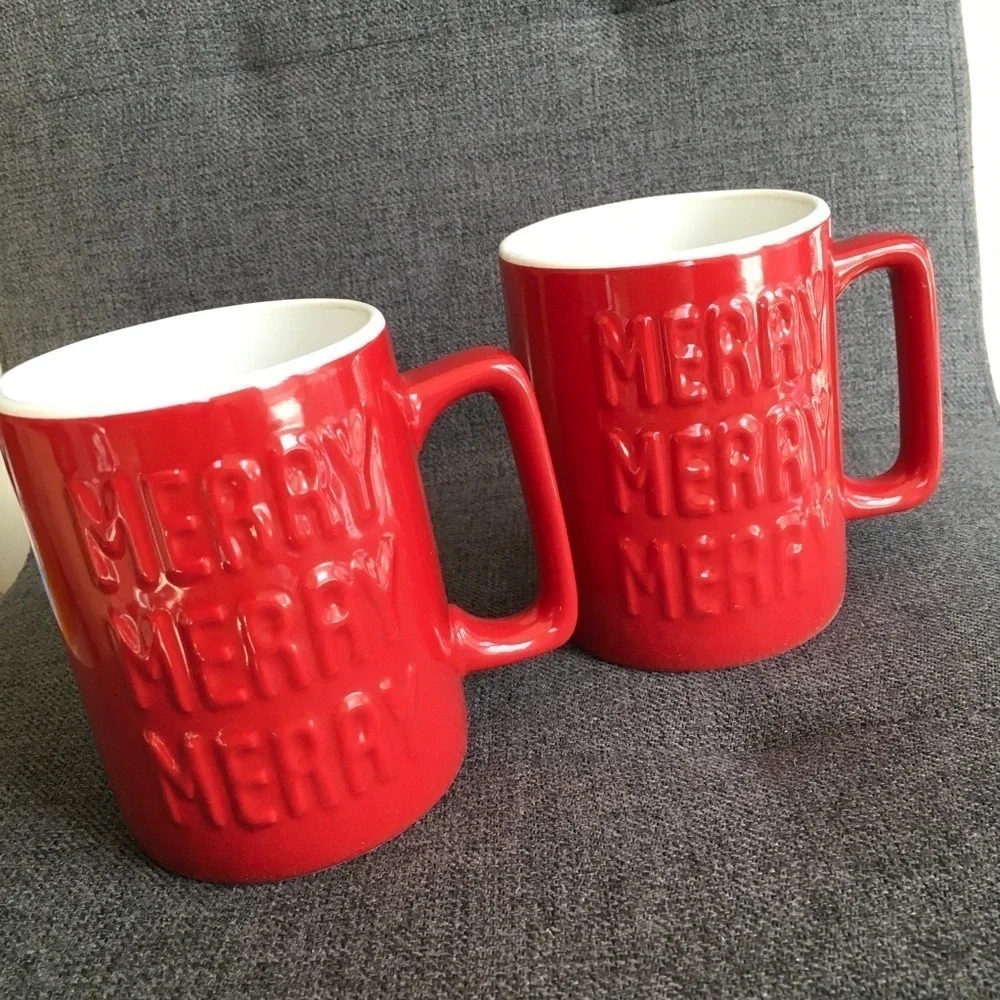Set/2 “MERRY MERRY MERRY” Coffee Mugs, Red, White, 16 oz